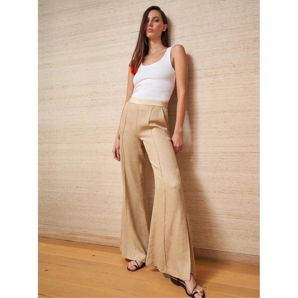 La Ligne Lizzie Linen Silk Side Slit Wide Leg Crop Pants In Beige Women's Sz 4
